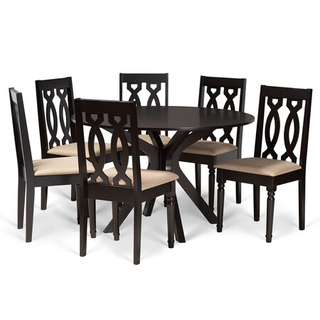 Baxton Studio Callie Modern and Contemporary Sand Fabric and Dark Brown Finished Wood 7-Piece Dining Set 174-10539-10894-Zoro